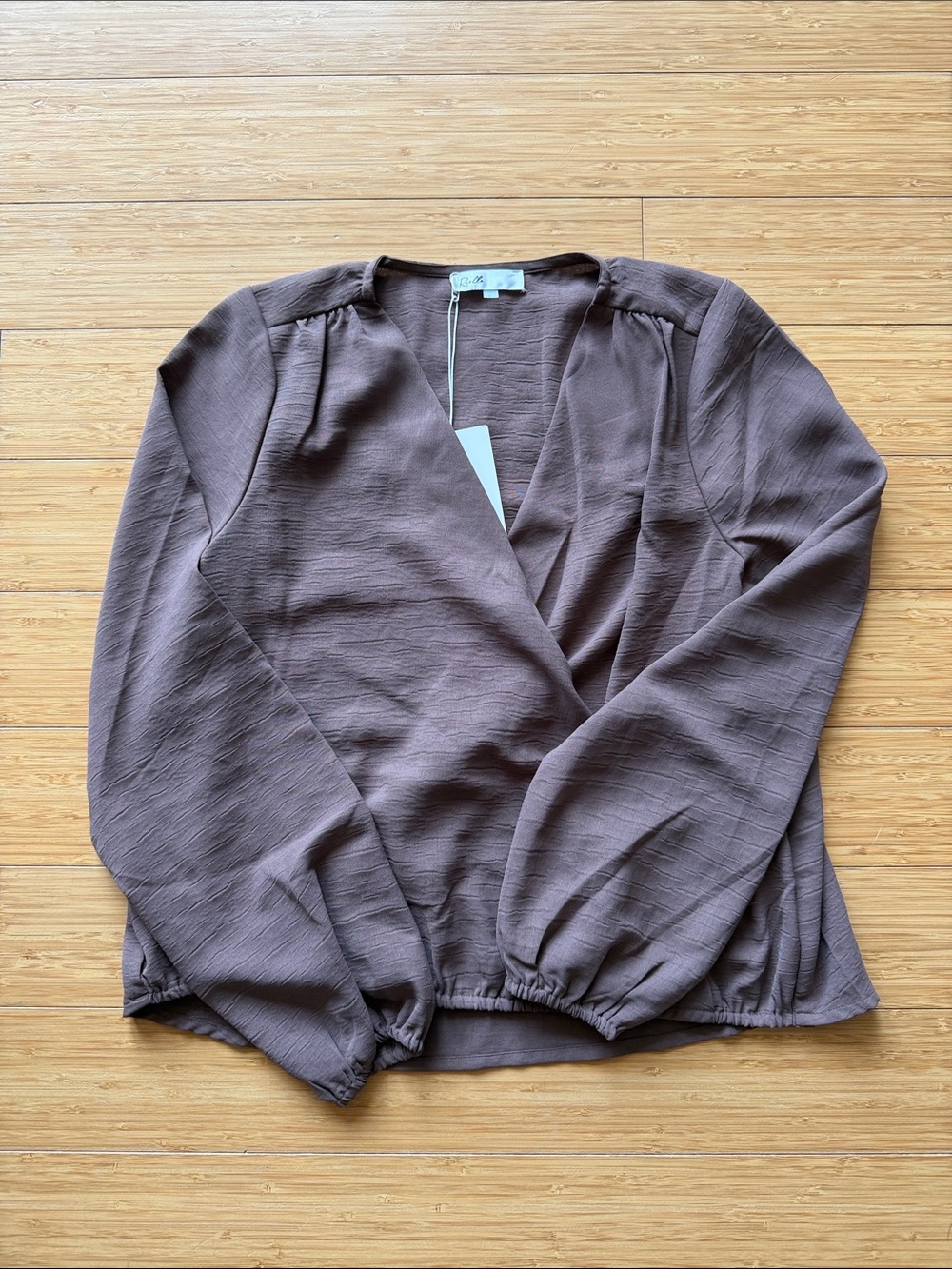 Textured Brown Wrap Blouse with Balloon Sleeves